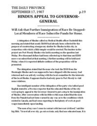 Hindus Appeal to Governor-General (transcript)