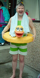 Theatre program head Ian Fenwich at dunk tank event.